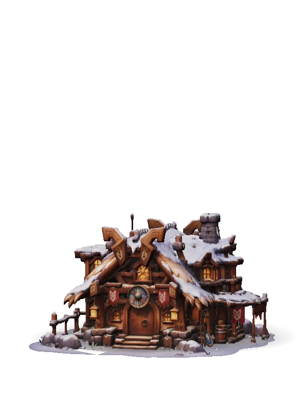 Stylized fantasy wooden lodge shown in a front three-quarter view, with steep snow-covered roofs, carved horn-like gables, a stone chimney, timber beams, and warm amber-lit windows. The brown timber façade features a round wooden door, shield emblems, hanging red banners, barrels, ropes, rocks, and a small fenced porch.