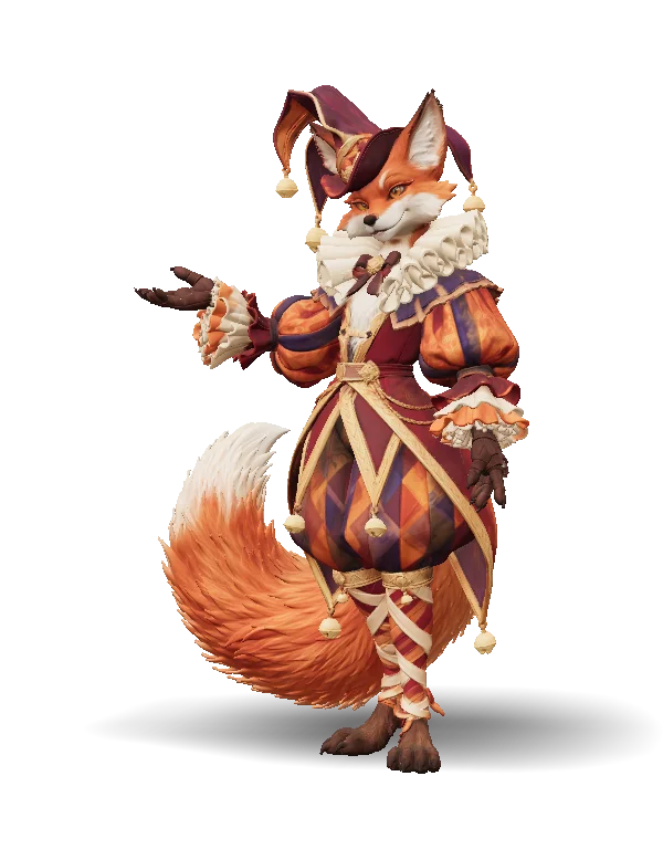 Stylized anthropomorphic red fox jester shown full-body in a three-quarter view. It has orange-and-white fur, a large bushy tail, pointed ears, and dark paws. The ornate burgundy, orange, cream, and purple costume features a floppy bell-tipped cap, ruffled collar and cuffs, puffed sleeves and trousers, diamond patterns, gold trim, and crisscross leg wraps. One arm extends outward in a theatrical gesture.
