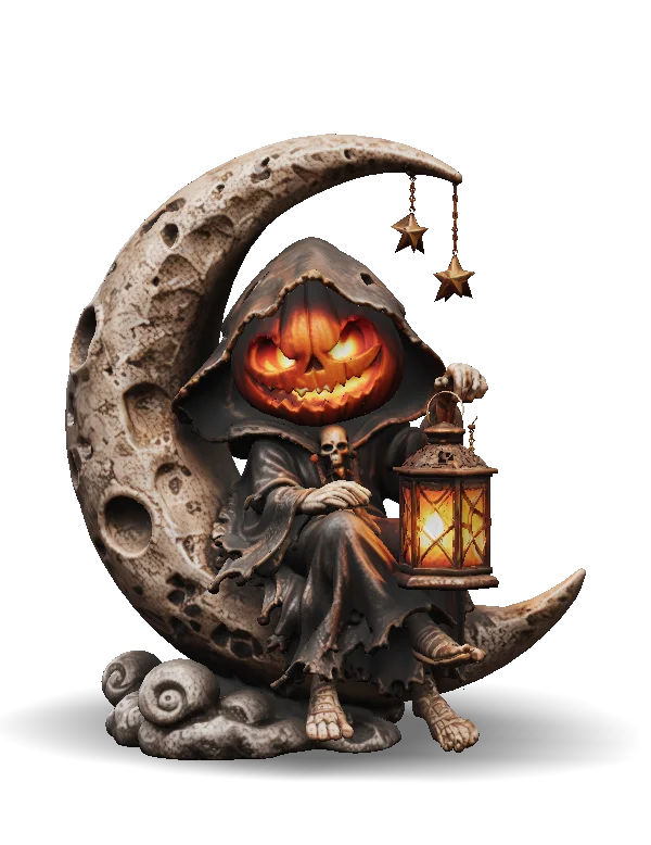 Stylized Halloween figurine of a hooded, pumpkin-headed reaper seated on a cratered crescent moon. The glowing orange jack-o’-lantern face, tattered charcoal robe, skeletal hands and feet, skull clasp, hanging bronze stars, and warm-lit metal lantern create a weathered gothic-fantasy look, shown from the front.