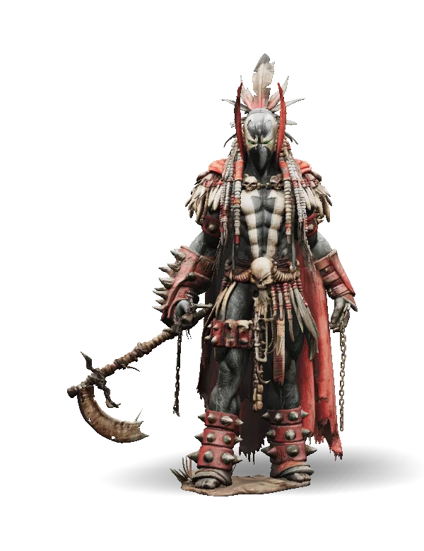 Tribal warrior Spawn in a frontal standing pose, wearing a black beaked mask, feathered headdress, red-and-black spiked armor, layered leather-like cloth, bone ornaments, skulls, beads, and chains. The muscular gray figure holds a long, rugged polearm with a curved bone-like blade. Weathered textures and muted red, gray, brown, and ivory tones create a dark, brutal style.