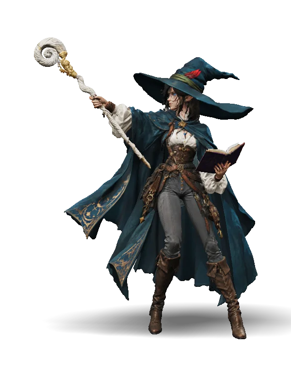 Full-body fantasy witch in a dynamic standing pose, wearing a wide-brimmed, pointed teal hat with red feathers and a flowing teal cloak with ornate gold trim. She has a white blouse, brown leather-like corset and belts, gray trousers, and tall brown boots. One hand raises a twisted white staff with a spiral head, while the other holds an open spellbook. Shown from a front three-quarter view.